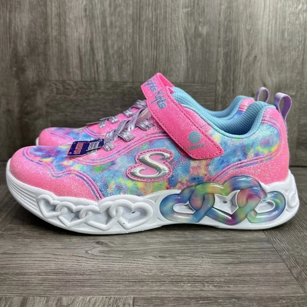 Skechers Sneakers Kids 3 Pink Tie Dye Glitter Light Up Heart Lights NEW 303753L
